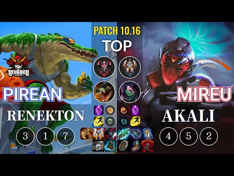 SG Pirean Renekton vs HLE Mireu Akali Top - KR Patch 10.16