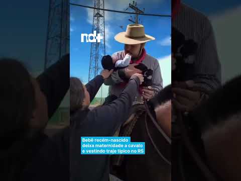 Bebê recém-nascido  deixa maternidade a cavalo  e vestindo traje típico no RS