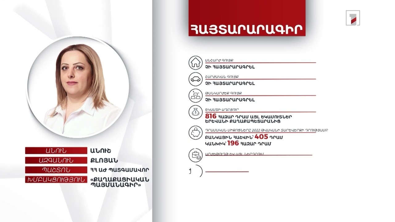 816 հազար դրամ տարեկան եկամուտ, 196 հազար դրամ կանխիկ. ՀՀ ԱԺ պատգամավոր Անուշ Քլոյանի հայտարարագիրը