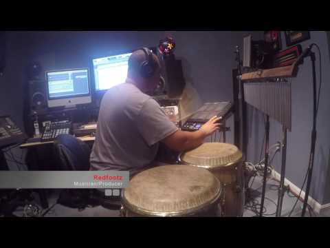 Redfootz recording percussion tracks in the studio
