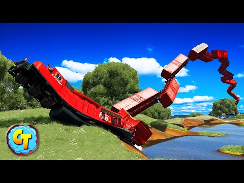 Train Accidents Derailments ✅ Long Trains with 80 Box Cars NEW BeamNG RECORD!