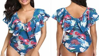 Women One Piece Flounce Ruffle Swimsuit Deep V Neck Plunge Bathing Suit Swimwear Blue XL