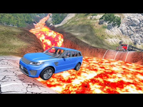 Cars vs Lava Cross Road - Super Cars Driving over Giant Crater Pit - BeamNG OMDs
