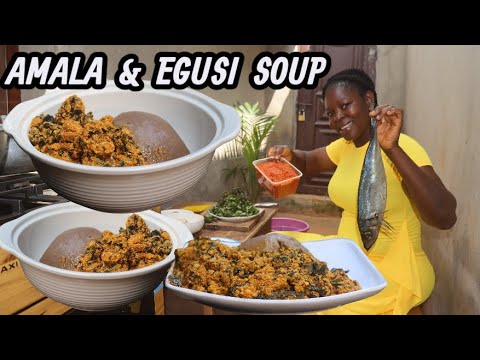 LUNCH TIME!!! COOKING DELICIOUS EGUSI FISH SOUP RECIPE + AMALA - AFRICAN NIGERIAN FOOD...