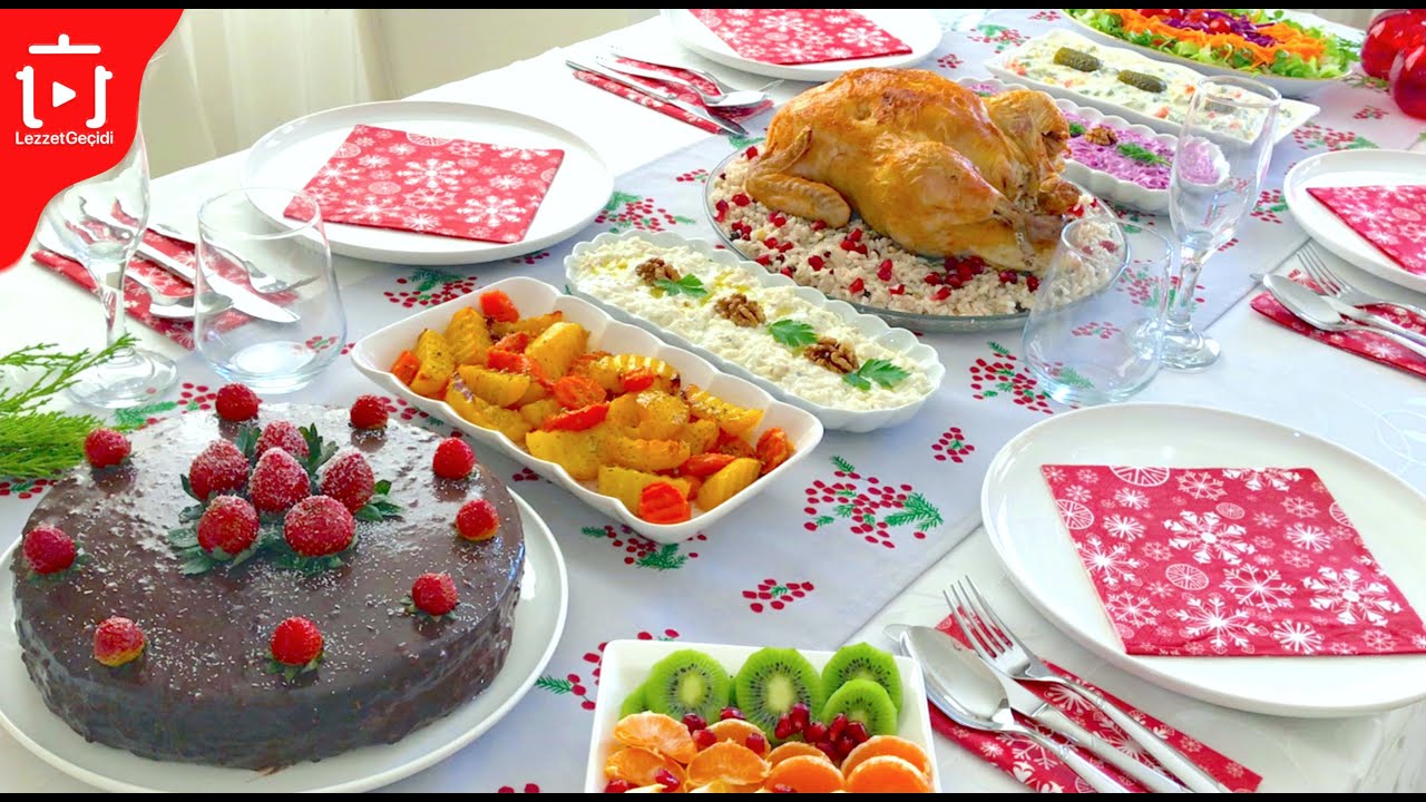 Yılbaşı Menüsü Davet Sofrası Yemekleri – Tavuk Dolması , Salata , Meze , Çikolatalı Pasta