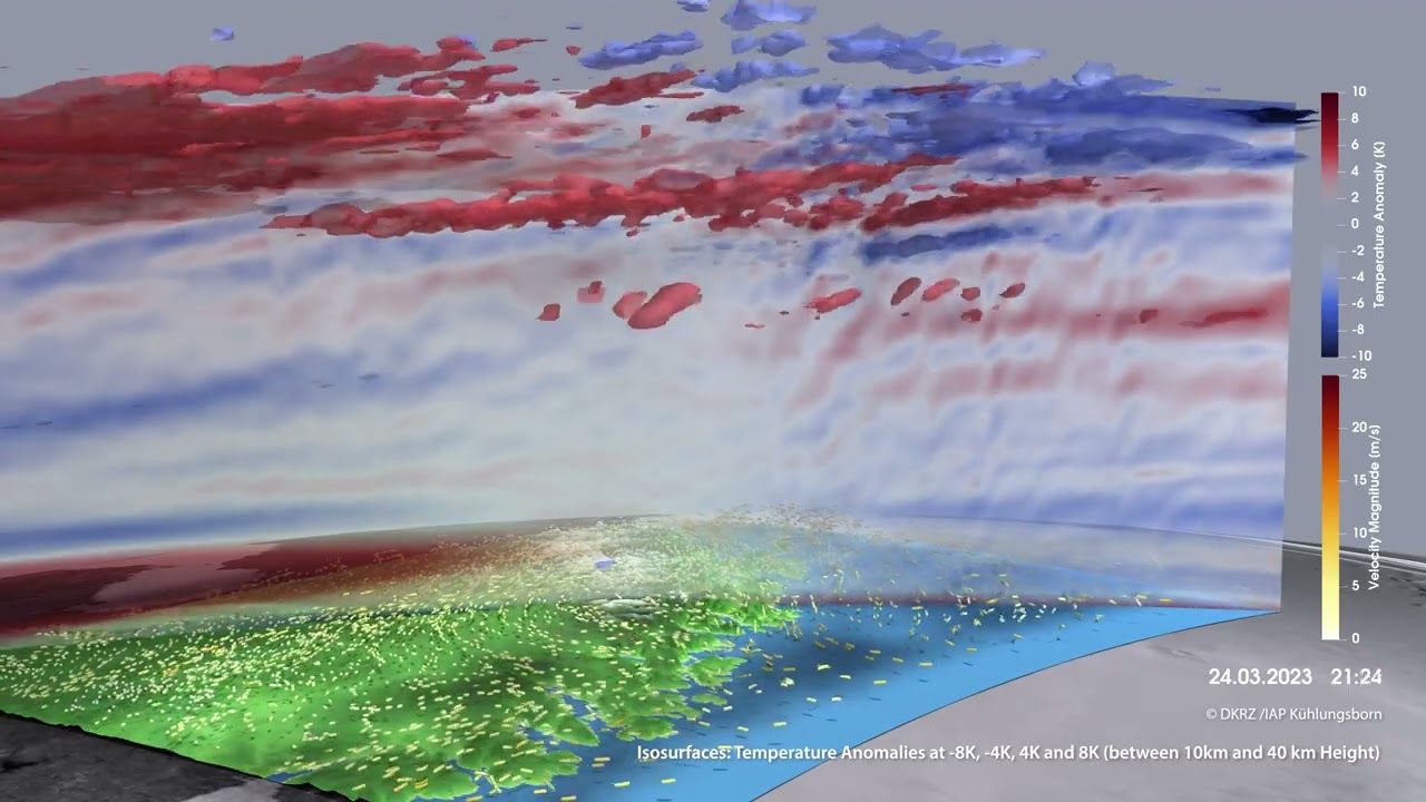 Waves in the upper atmosphere, triggered by winds that hit the mountainous northwest coast of Norway