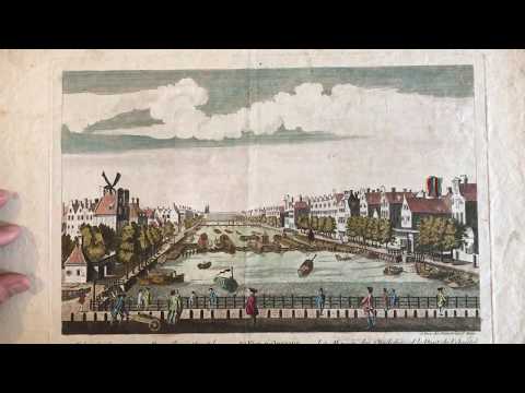 Amsterdam Holland Amstel river view 1760 birds-eye print Vue d'optique canal houses old hand color