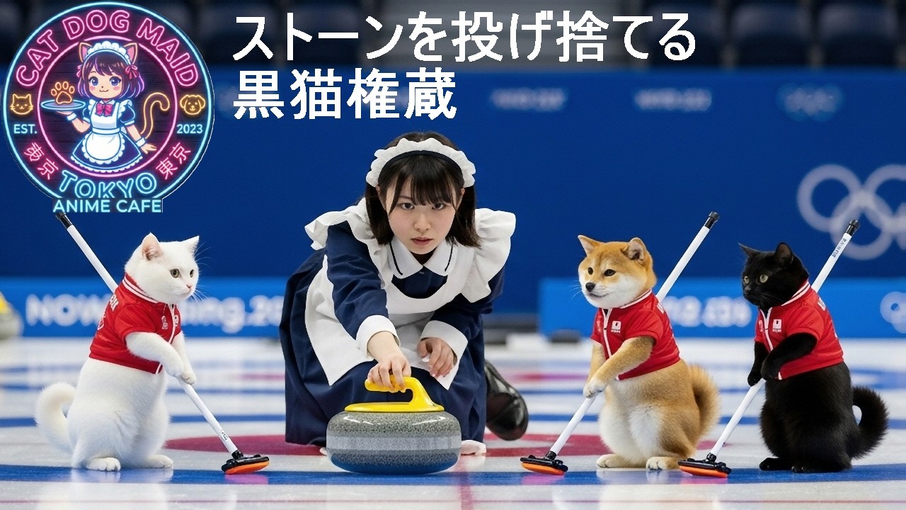 【白猫　柴犬　メイド】Anime Cafe■メイドと白猫、黒猫、柴犬のハチャメチャなカーリング　ショート版