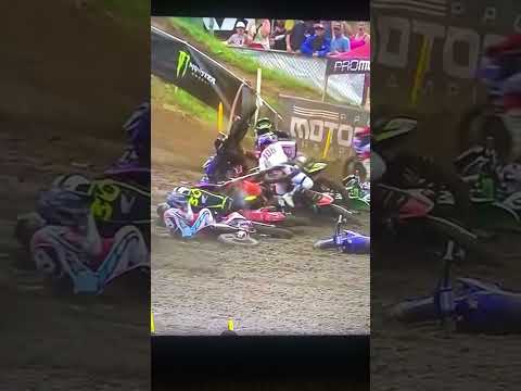 Haiden Deegan goes down in first turn pile up while Hymas gets hurt! #motocrosss