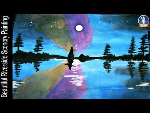 Beautiful Riverside Scenery Painting with Bright Moon View