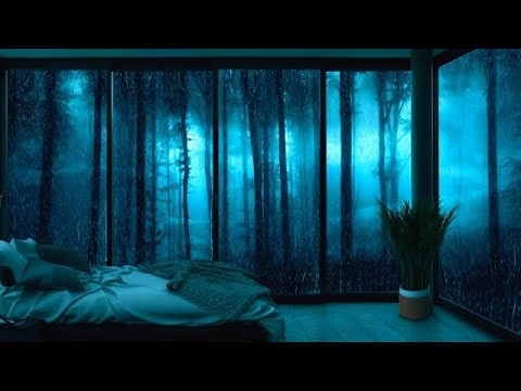 Hard Rain & THUNDER in a Cozy Bedroom with a Blue Forest Background-Rain Sounds for Sleeping