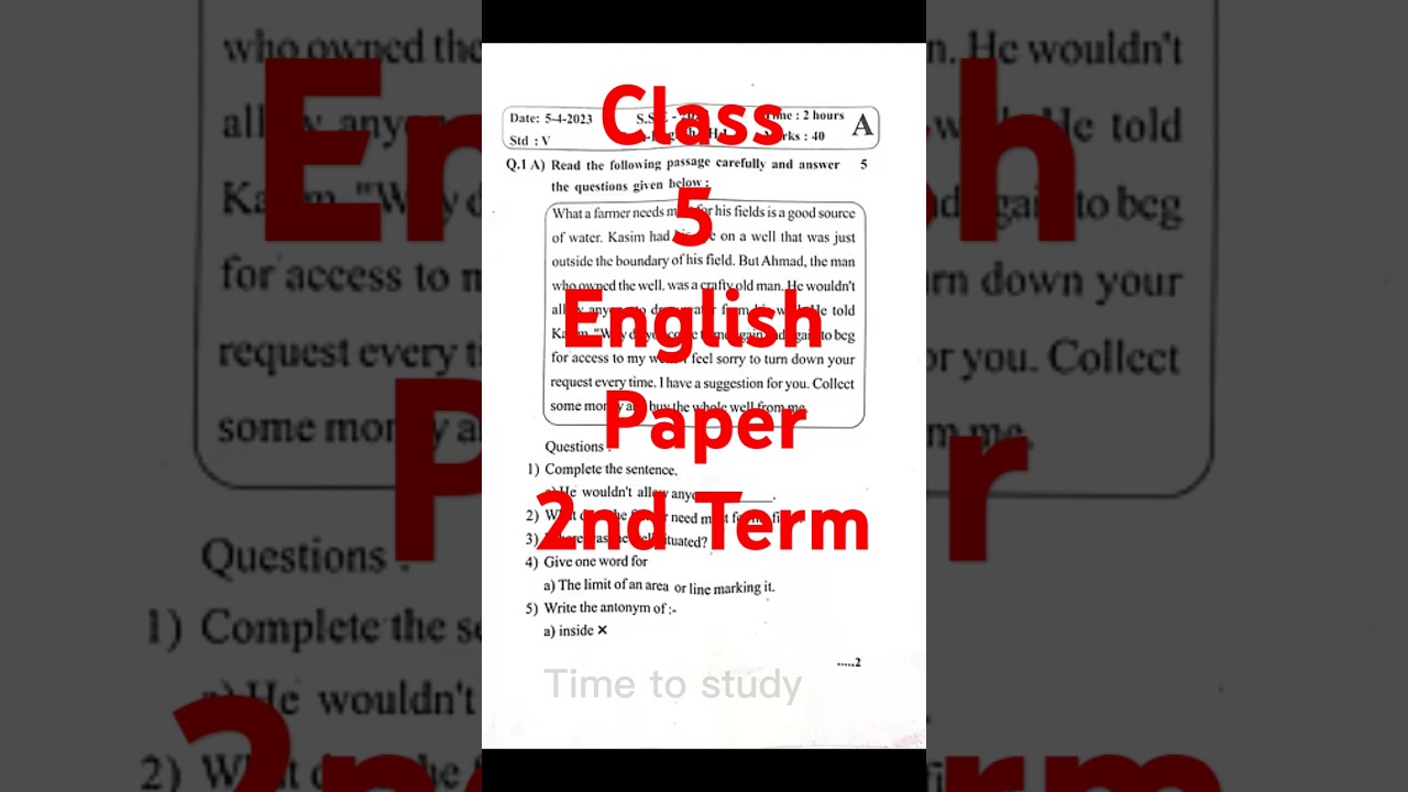 Class 5 english paper 2025 l 2nd Term l #paper #exam #exampaper #shorts