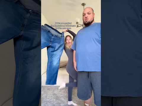 his pants the size of a sleeping bag?? #heightdifference #husbandandwife #couplecomedy #pregnant