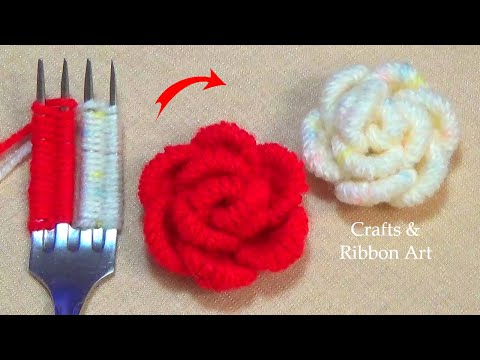 Amazing Trick with Fork - Easy Woolen Roses Making - Hand Embroidery Hack - DIY Woolen Flowers