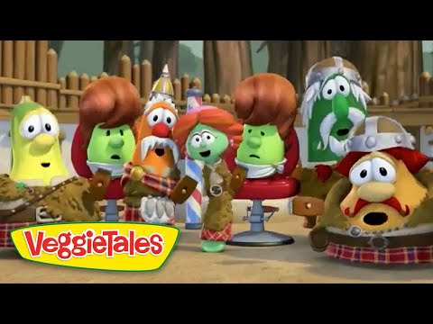 Group of VeggieTales characters seated in a theater audience, watching a performance, colorful veggies with curious expressions, VeggieTales logo visible in the corner.