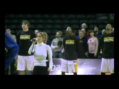 Traci Kennedy singing the Canadian National Anthem at the JLC for the London Lightning