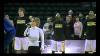 Traci Kennedy singing the Canadian National Anthem at the JLC for the London Lightning