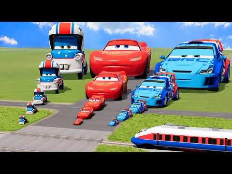 Big & Small: Mater The Greater vs Lightning Mcqueen vs Raoul CaRoule vs Train | BeamNG.Drive