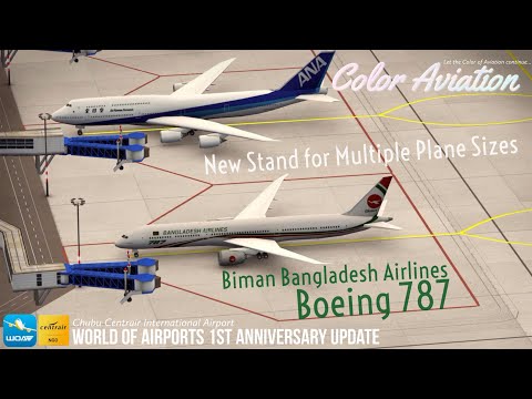 Biman Bangladesh Airlines Boeing 787 using new Stand for Multiple Plane Sizes in World of Airports