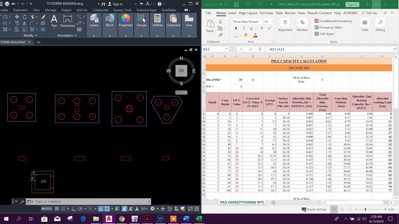 Pile Capacity Calculation using SPT & Pile Arrangement