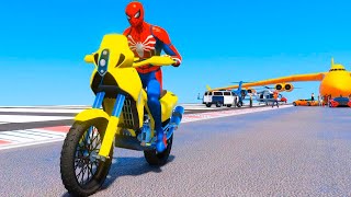 SPIDER MAN and SUPER HEROES! Bridge Challenge Motorcycles on the Ramp (GTA V Mods)