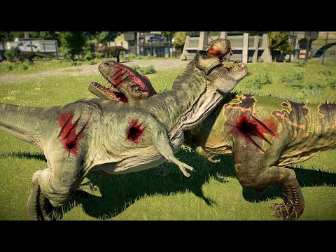 2x GIGANOTOSAURUS vs 2x T-REX vs 2x ACRO (DINOSAURS BATTLE) - Jurassic World Evolution 2