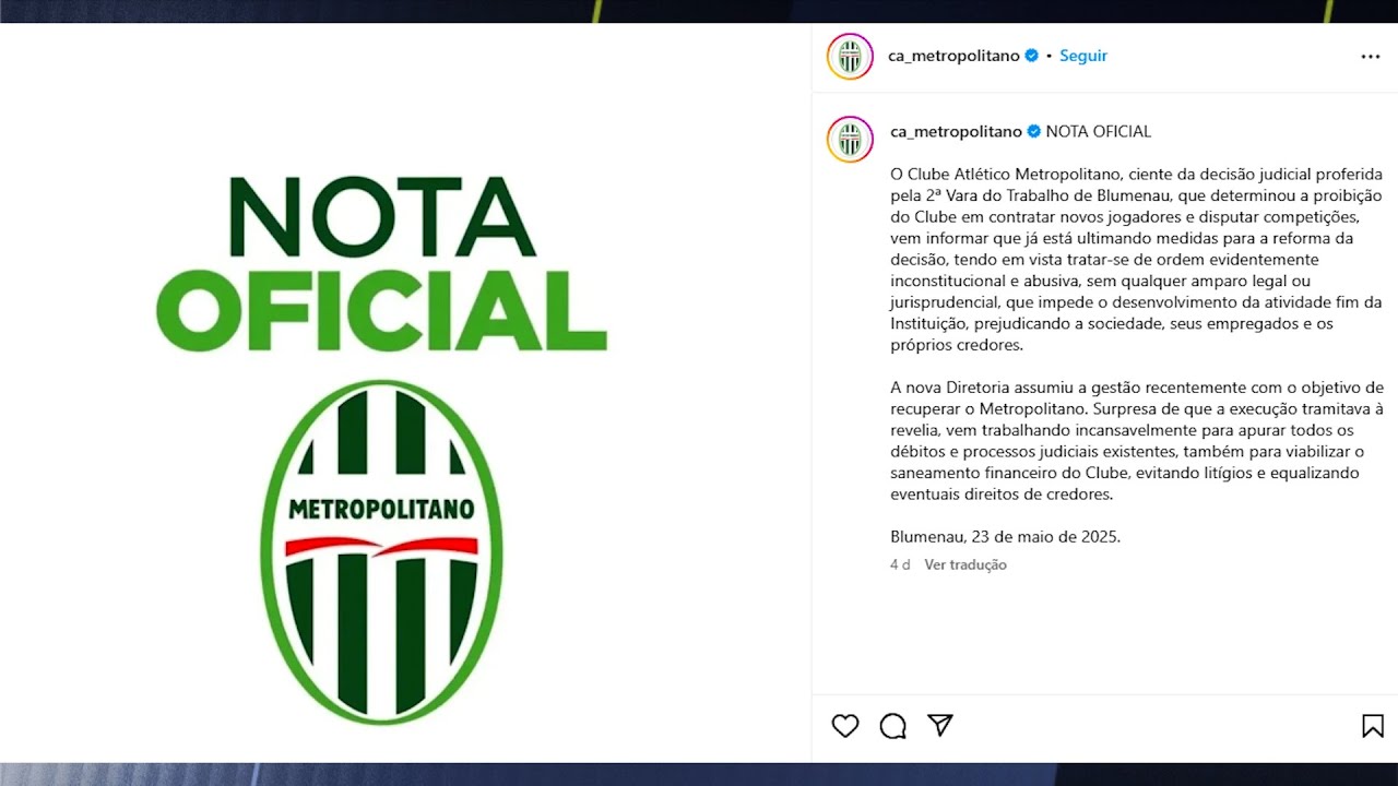 Metropolitano é impedido judicialmente de disputar a Série B do Catarinense