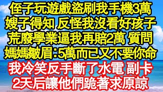侄子玩遊戲盜刷我手機3萬，嫂子得知 反怪我沒看好孩子，荒廢學業逼我再賠2萬 質問，媽媽皺眉：5萬而已又不要你命，我冷笑反手斷了水電 副卡，2天后讓他們跪著求原諒 真情故事會|老年故事|情感需求|養老