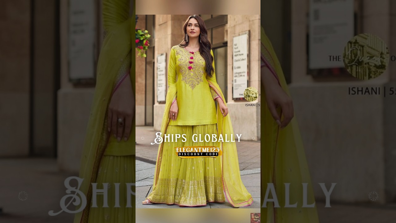 Olive Yellow Embroidered Georgette Sharara Set🏮Discount Code-ElegantMe123🏮Link»Description/bio