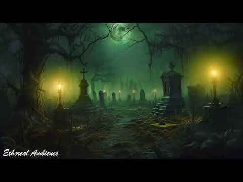 Windy night in an old cemetery, Spooky Night Ambience, Dark Cemetery Halloween Vibes