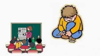 A colorful line drawing of a teacher in front of a chalkboard and a boy tying his shoe.