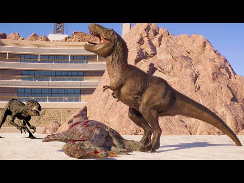 TYRANNOSAURUS REX vs LARGE & MEDIUM CARNIVORE DINOSAURS BATTLE ROYALE IN BATTLE ARENA - JWE2