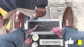 The camel shoes get shined in 7 minutes of pure relax