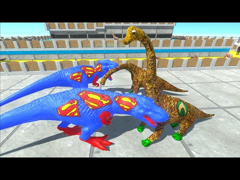 2X AQUAMAN BRACHIOSAURUS vs 2X SUPERMAN T-REX vs THANOS DRAGON - Animal Revolt Battle Simulator