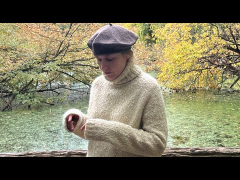 Non-gathering neat 2x2 rib wth a matching raglan line. Top Down Bouclé Sweater knitting details.