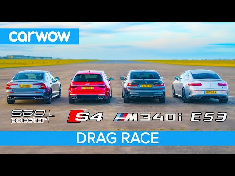 BMW M340i v Audi S4 v AMG E53 v Volvo S60 Polestar: DRAG RACE petrol v diesel v hybrid