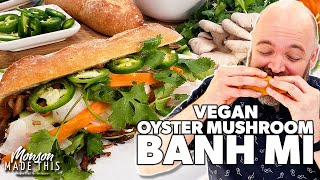 Delicious Vegan Pulled Oyster Mushroom Banh Mi Style Sandwich
