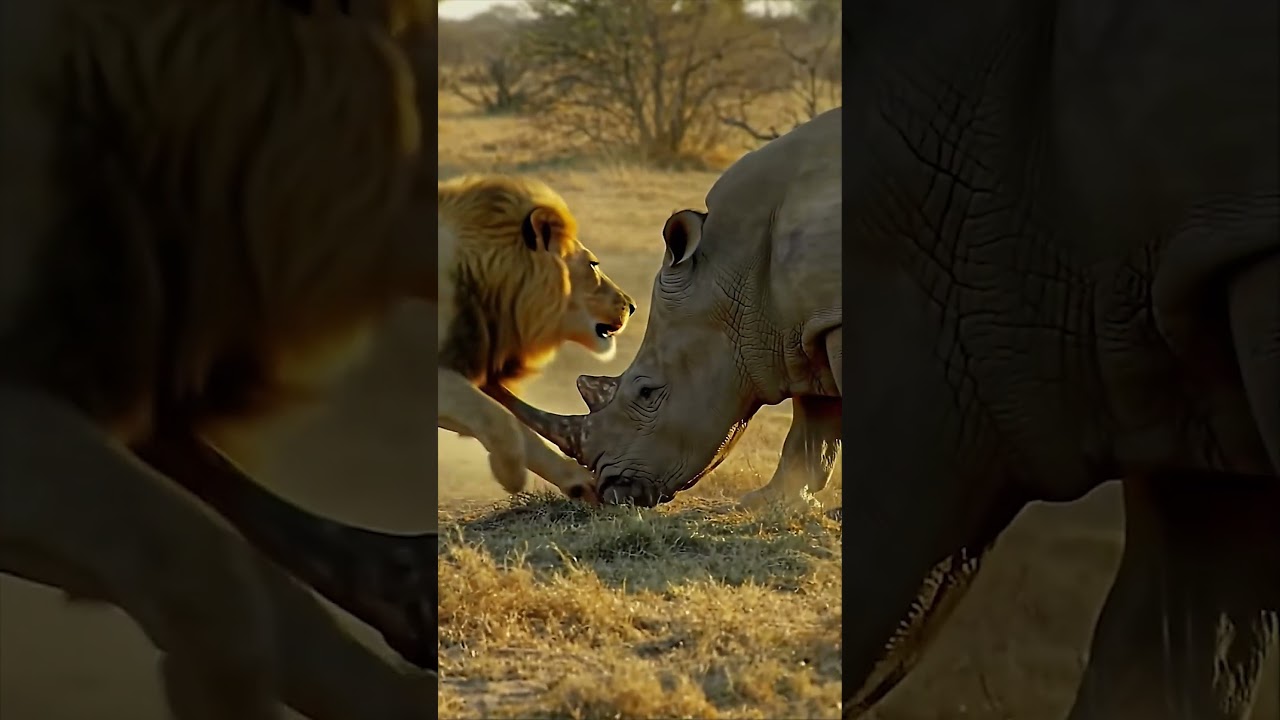 Full Force Lion vs Giant Rhino  The Moment of Head On Collision!