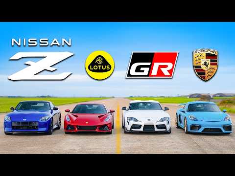 【ドラッグレース！】日産 Z vs ロータス エミーラ vs トヨタ GRスープラ vs ポルシェ ケイマン GT4