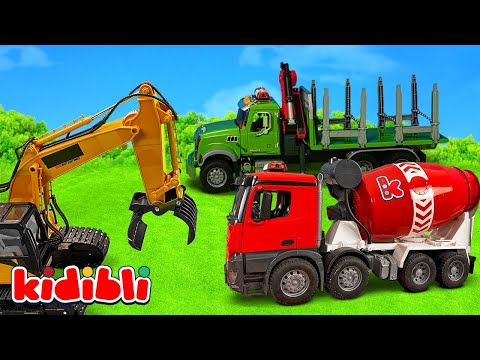 Bétonnière et camion-grue pour enfants sur le chantier 🚧 Vidéo éducative de jouets | Kidibli