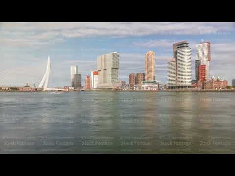 Panorama showing Rotterdam skyline timelapse from Nieuwe Maas River. Netherlands