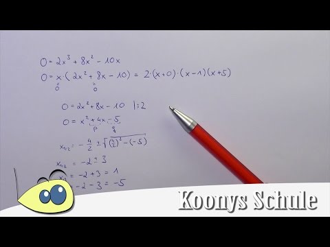 Nullstellen von f(x) = 2x³ + 8x² - 10x bestimmen, x ausklammern und  pq-Formel anwenden
