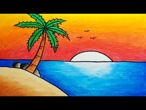 How To Draw Scenery Beach And Sunset Easy Step By Step |Drawing Nature Scenery Simple