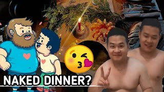 A Handsome Chubby Shirtless Man Is Enjoying Dinner
