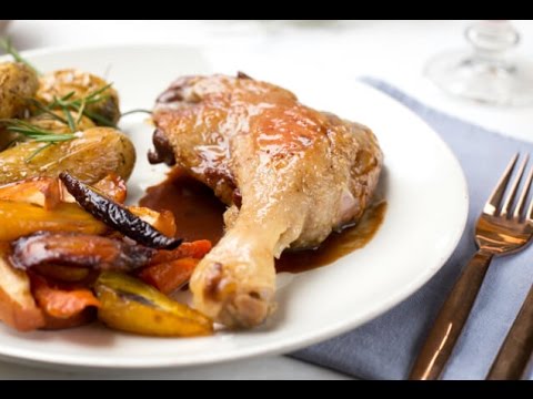 Cuisse de canard cuisson lente, légumes grillés et pommes de terre au four