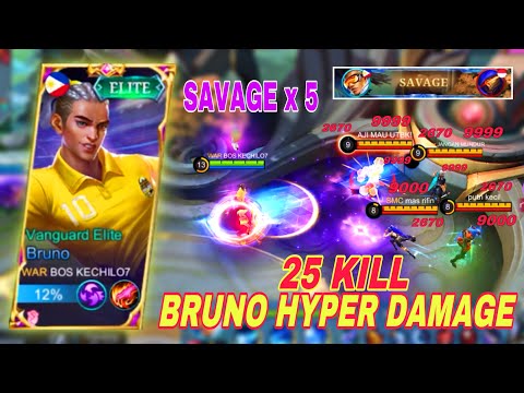 BRUNO SAVAGE x 5 TOP GLOBAL | BRUNO HYPER HACK DAMAGE BUILD GAMEPLAY | MOBILE LEGENDS