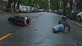 【車禍影片】躲避汽車結果後輪壓到標線失去抓地力摔倒（2025.10.22 桃園市中壢區西園路
