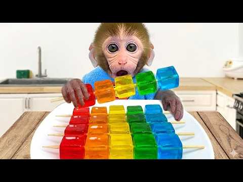 Baby Monkey Bon Bon Eats Rainbow Jelly Ice Cream and Drives Supercar to Buy Popcorn