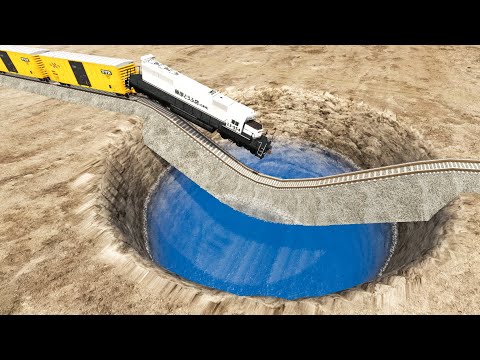 Impossible Strange Wave Rail Tracks vs Trains Crossing Giant Pit — BeamNG.Drive — Rescind Gaming