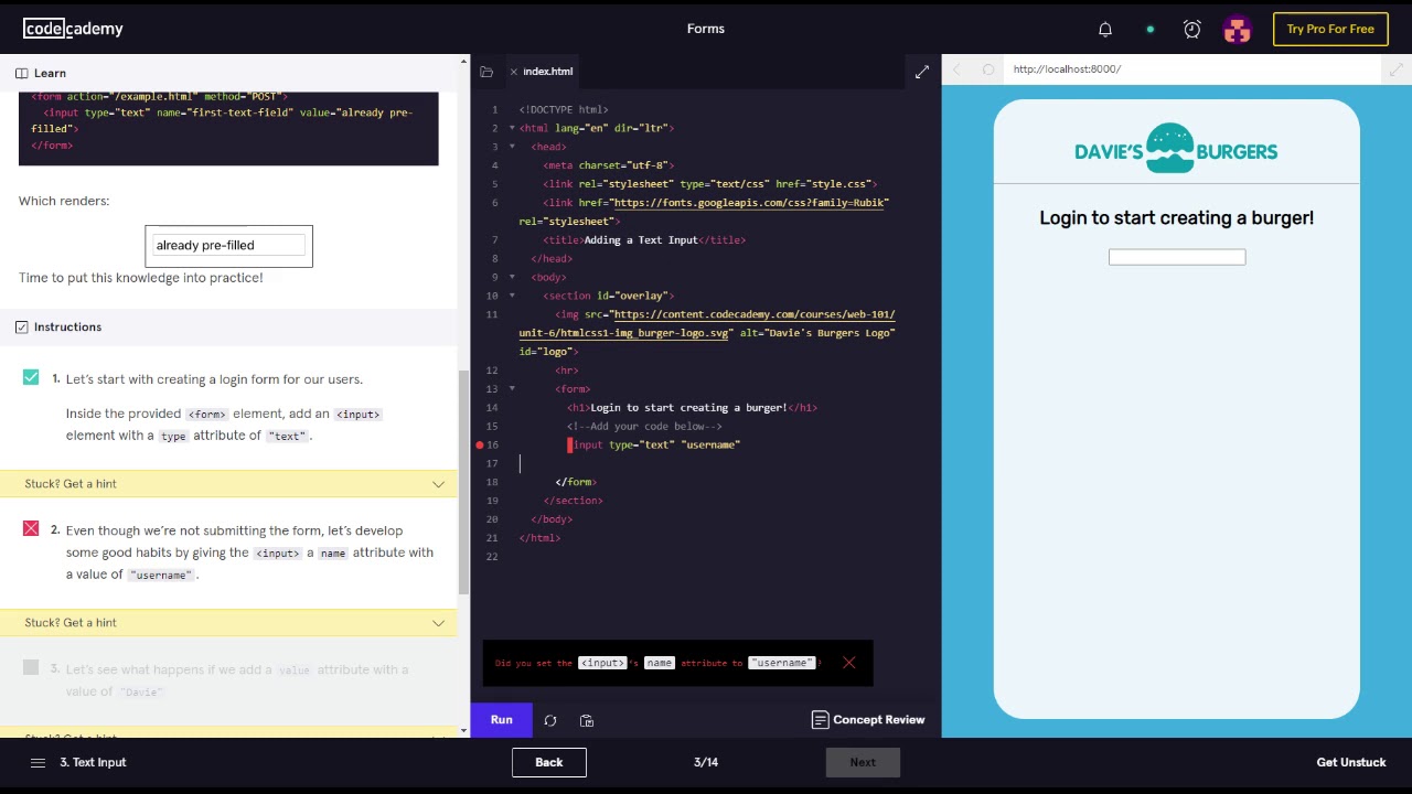Learn HTML with Codecademy HTML Forms Text Input